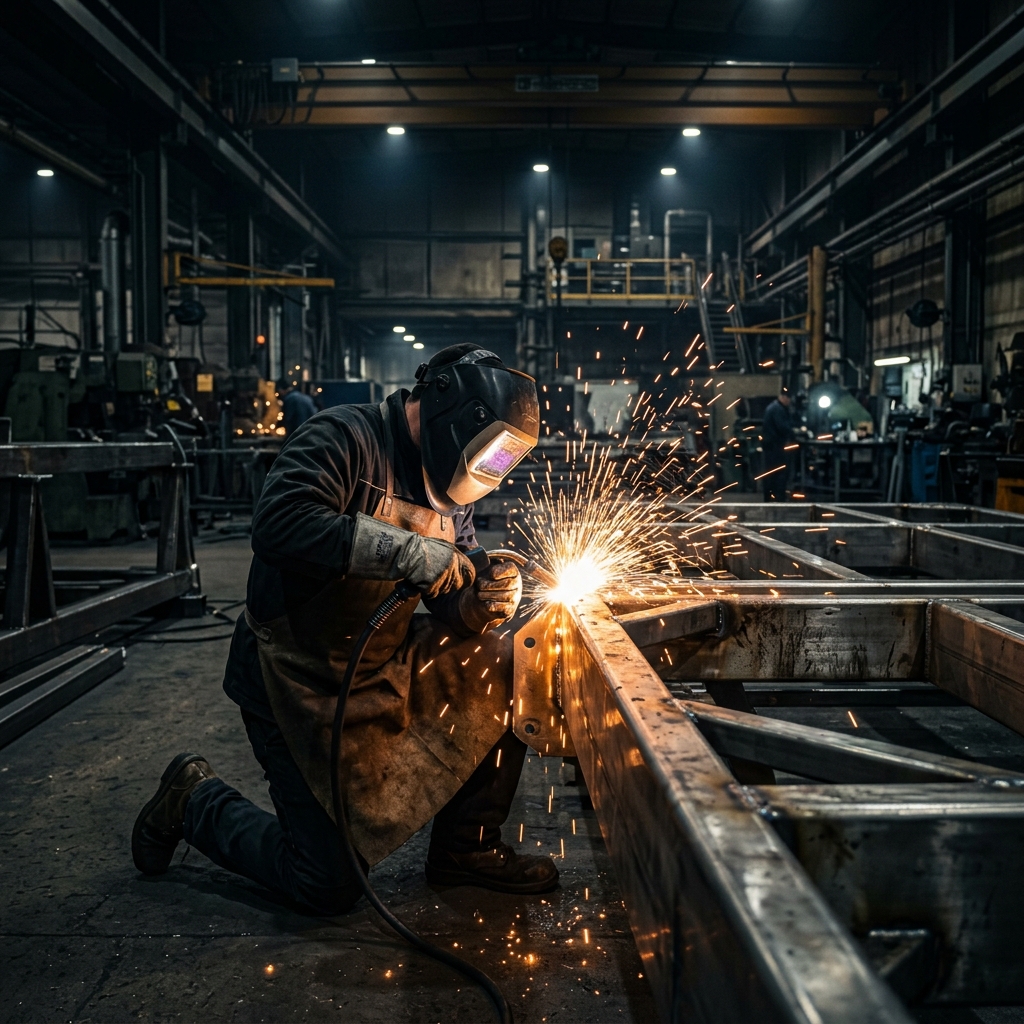 Welder working on metal frame